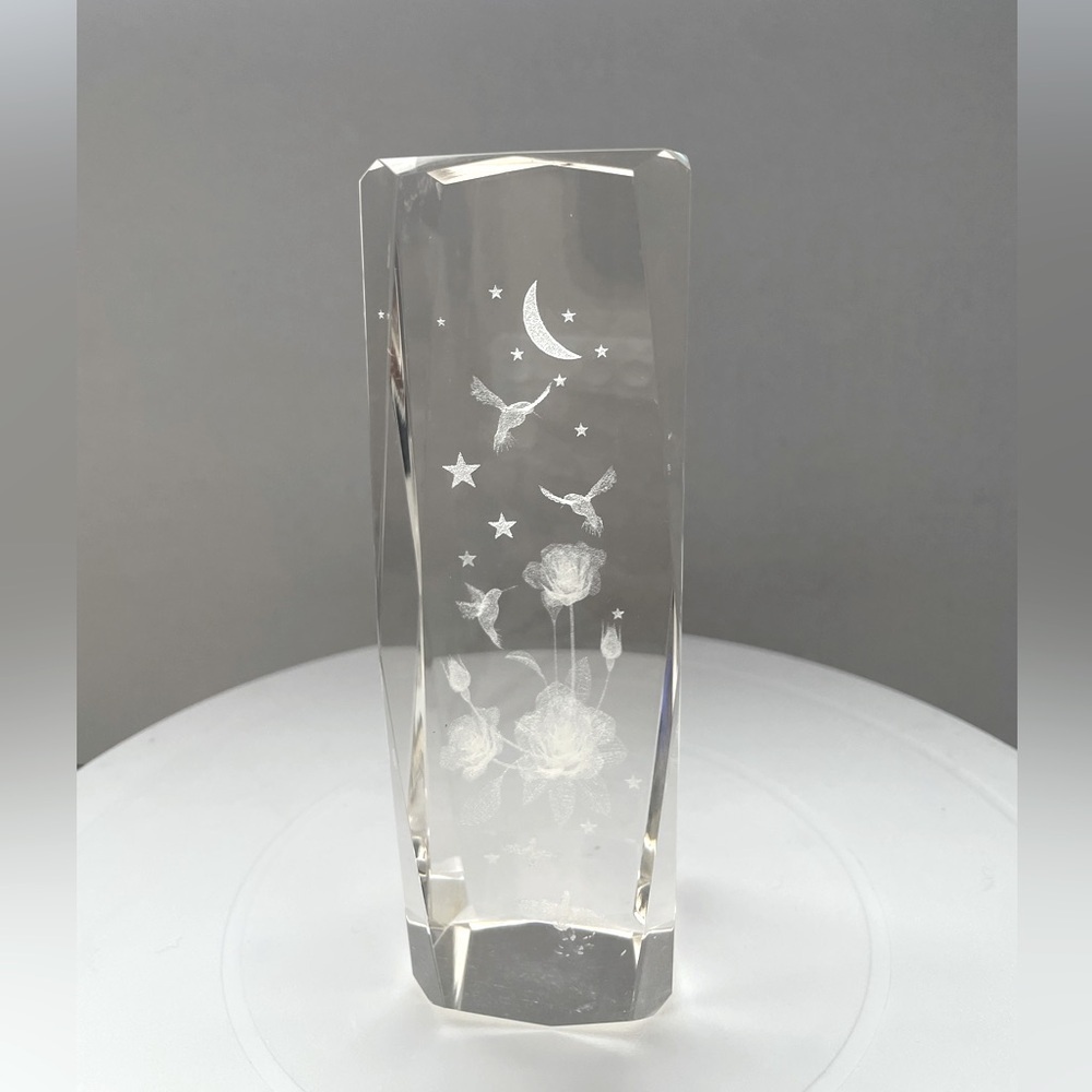 Vintage 3-D Laser Etched Crystal Paperweight Prism - Hummingbirds in the Garden